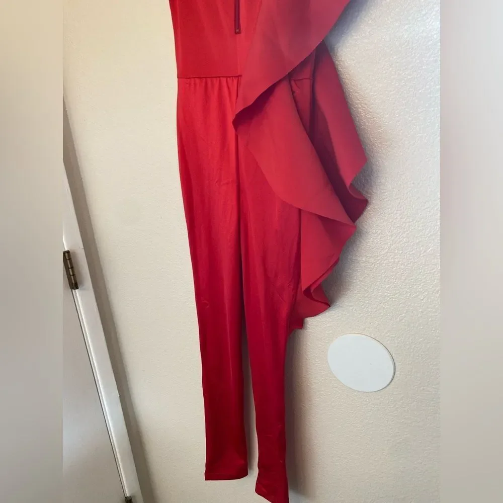 WEISSMAN Dance Costume red asymmetrical ruffl jumpsuit My Little Love 14436 XSA